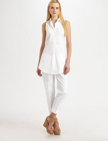 An undeniably feminine take on a classic design, this stretch cotton style offers clean lines and waist-flattering details.Collar neckSleevelessWaist dartsButton frontPrincess seamsCurved hemAbout 31 from shoulder to hem72% cotton/23% polyamide/5% Lycra®Machine washImported of Italian fabric Model shown is 5'11 (180cm) wearing US size 4. 