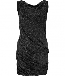 Shimmer into cocktail hour with a dusting of metallic luster in Jay Ahrs eye-catching metallic black dress - Softly draped neckline in front, deeply draped in the back, sleeveless, form-fitting, mini-length - Pair with ankle boots or strappy sandals and a statement clutch