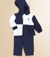 The epitome of sporty style, a timeless set includes a quartered cotton mesh rugby hoodie with an athletic pant in supremely soft cotton. Hoodie Attached hoodLong sleeves with ribbed cuffsFront buttonsEven-vented hem Pants Sewn flyElasticized waistband with bow tieVertical on-seam hand pocketsCottonMachine washImported