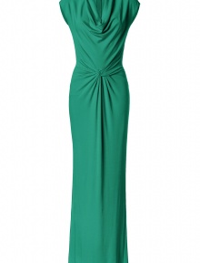 With a cowl neckline and a chic draped silhouette, this figure-flattering gown boasts both comfort sultry appeal - Cowl neckline, cap sleeve, front draped waist, concealed back zip, fishtail back hem - Fitted draped silhouette - Style with statement pumps and a leather clutch