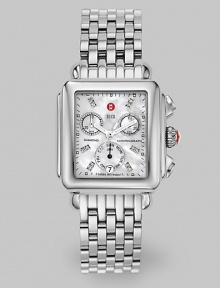 From the Deco Day Collection. A modern shape in stainless steel with a lustrous mother-of-pearl dial, chronograph functions and sparkling diamond accents.