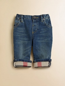 Soft, faded denim in a perfectly detailed miniature version of grown-up jeans, with Burberry checks lining the cuffs.Back elastic waistband with belt loopsZip fly with button closeFront scoop pockets and coin pocket with rivetsBack patch pockets98% cotton/2% elastaneMachine washImported