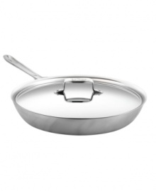 A professional promise. Ideal for searing, browning and pan frying eggs and meat, this French Skillet has a large surface area and high, rounded sides that cut down on splatter and make it easy to flip & baste foods. Five alternating layers of aluminum and stainless steel promote even heating and eliminate hot spots. Lifetime warranty.