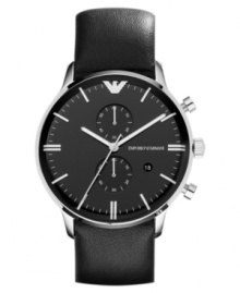 Sleek metal and rich leather lend a handsome touch to this chronograph watch from Emporio Armani.