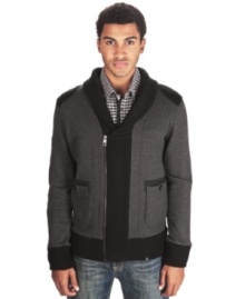 Look sharp in the standout accents of this zip-up cardigan sweater from Marc Ecko Cut & Sew.