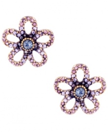 A sweet palette of pastels. Betsey Johnson's petite flower stud earrings feature round-cut purple and pale pink crystals set in antique gold-plated mixed metal. Approximate diameter: 5/8 inch.