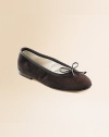 The perfect slip-on shoe for girls, with a sweet tie bow at the vamp. Suede outer; leather sole Pancake leather heel Made in Italy