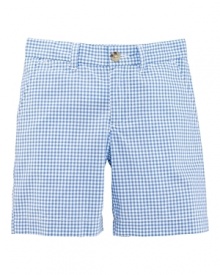 The essential flat-front Prospect short is updated for warmer weather in gingham-checked lightweight woven cotton.