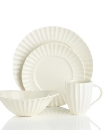 Radiant in pure white, Dynasty white dinnerware from Sasaki's collection of place settings offers endless versatility. Durable porcelain crafted for every day and special occasions is defined by fluted accents and a glossy finish. A flared bowl shape puts a modern spin on the classic 4-piece place setting.