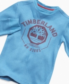 A pop of bright blue transforms a boring thermal to brash. This tee from Timberland will be a cold-weather favorite.