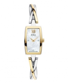 A delicate bangle bracelet sets a graceful tone on the ESQ Sienna watch by ESQ by Movado. Two-tone stainless steel bangle bracelet and tonneau case. Mother-of-pearl dial features gold tone Roman numeral at twelve o'clock, diamond accent markers at three, six and nine o'clock, two hands and logo. Swiss quartz movement. Water resistant to 30 meters. Two-year limited warranty.