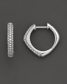 Angled hoop earrings with diamond pave setting in 14 Kt. white gold.