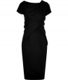 Sophisticated black asymmetrical dress with cap sleeves from Donna Karan - Make a style-centric impact in this asymmetrically draped cocktail dress- Comfortable yet chic figure, hugging silhouette, pencil cut skirt, cap sleeves - Pair with lace tights, a fur bolero, and platform heels