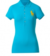 Detailed in breathable cotton stretch mesh, Ralph Laurens big pony polo is a cool modern take on this iconic style - Small collar, button placket, short sleeves, oversized shiny yellow embroidered polo player at chest, slit sides, high-low hemline - Slim fit - Wear with your favorite jeans and just as bright loafers