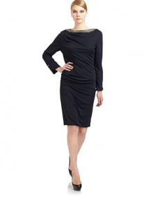 THE LOOKBead-embellished necklineSubtle asymmetrical draping and seamingLong sleeves with curved cuffs and button closureSide zip closureTHE FITAbout 38½ from shoulder to hemTHE MATERIAL82% viscose/18% nylonFully linedCARE & ORIGINDry cleanMade in ItalyModel shown is 5'10½ (179cm) wearing US size 4. 