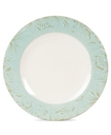 Sculpted blooms and a classic silhouette make the Toulouse dinner plates by Fitz and Floyd a charming part of any casual landscape. A rustic green glaze adds to its antique appeal.