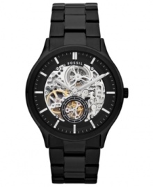 This Ansel watch by Fossil is both clear as day and dark as night. The skeleton dial shows its detailed precision, while the blacked out design adds mysterious cool.