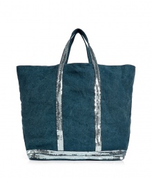 Chic, oversize tote in fine, pure indigo linen - A venerable classic from Parisian designer Vanessa Bruno - Eye-catching silver paillette trim - Two small top handles - One interior zip pouch - Sufficiently roomy to house all of the essentials - Great for leisure, the beach and your next warm weather getaway - Made in France