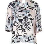 With a vivid flower print and subtle allover reptile-like patterning, Emilio Puccis loose-fitting silk top is as contemporary as it is chic - Allover reptile-like patterned silk, round neckline, wide 3/4 sleeves, slit back with jeweled button closure at nape - Loosely fitted - Wear with solid separates and statement heels