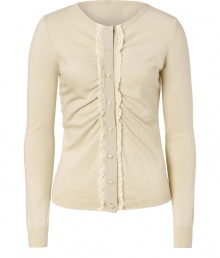 Flattering draped details and a ruffle-detailed front placket inform this ladylike luxe wool cardigan from Valentino R.E.D - Round neck, long sleeves, front button placket with ruffle trim and gathering, slim fit - Wear with a silk blouse, cropped trousers, and classic heels