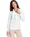 Jones New York Signature's crisp cotton shirt features a ruffle at the placket for a feminine flourish.