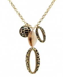 Add some animal print to whatever you wear with this eye-catching pendant from T Tahari's Spot On Collection. Exquisite golden charms and faceted Colorado crystals adorn the design that's set in 14k gold-plated mixed metal. Nickel-free for sensitive skin. Approximate length: 30 inches + 3-inch extender. Approximate drop: 3 inches.