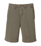 Stylish shorts in fine, pure olive cotton - Soft yet durable fabric has a rugged, well-worn look - Longer Bermuda cut with belt loops, zip fly and button closure - Slash pockets at sides, flap pockets at rear - Crease detail elongates the silhouette - Relaxed and casually cool, great for everyday leisure - Pair with button downs, t-shirts and polos