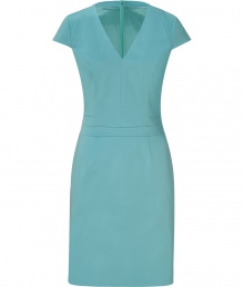 Elegant dress in fine, blue-green cotton blend - Especially comfortable and flattering, thanks to a touch of stretch - Slim-fitting sheath style, with darts at bust, deep v-neck and cap sleeves - Decorative pleat detail defines a trim waist - Pencil skirt hits above the knee - Zips at back - Sleek and streamlined, in a sophisticated summer hue - Pair with peep toe pumps, leather sandals or wedges