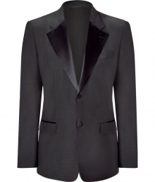 With a modern edge, this luxe tuxedo-style blazer injects instant elegance into your evening look -Notched lapels with satin detail, two-button front closure, two flap pockets, slim fit - Pair with a sleek button down, matching pants, and dress shoes