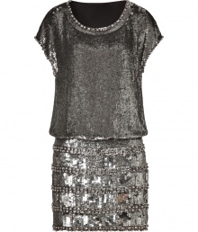 Intricately crafted with a mash-up of sequins and jeweled crystals, Collette Dinnigans modern cut dress is a unique choice, guaranteed to amp up your evening wardrobe - Round neckline and cap sleeves with jeweled trim, contrast sequined skirt, hidden snap and side zip closures - Loose bodice, form-fitting skirt - Streamline you look with a finish of jet black accessories