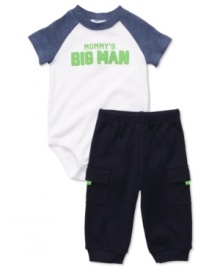 He will be mommy's big man wearing this 2 piece set by Carter's with embroidery and applique details. Bodysuit has snaps at shoulder and leg openings for easy changes.