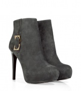 This Diane von Furstenberg ankel bootie is a year-round favorite - Sleek in charcoal-grey suede with a gold-color buckle and zip - Features a dared crescent toe, hidden platform and thin, sexy heel - Pair with leather leggings or skinny jeans, and a silk blouse and blazer, or a cocktail dress