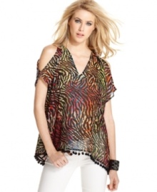 A neon animal-print, cutouts & pom-pom trim add party appeal to this Andrew Charles top -- perfect for statement style!