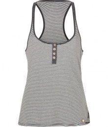 Detailed with alluring logo buttons, Juicy Coutures super soft tank lets you decide how low you want to take your neckline - Scoop neck, thin straps, henley-style logo buttons, black trim, racer back, rounded hemline - Loosely fitted - Wear with skinnies and a cardigan for casual-cool days