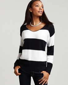 Wide nautical stripes lend a sporty edge to an Aqua long sleeve sweater, cut in a slightly boxy silhouette for easy week-to-weekend style.