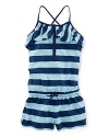 An airy cotton jersey romper is crafted in a bold, striped print and finished with a sweet ruffled neckline.