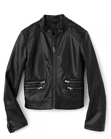 Her first motorcycle jacket, rendered in smooth faux leather, creates a ultra-trim silhouette that looks great with her skinny jeans or leggings.