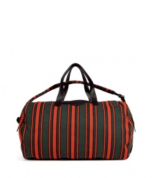 Bring the seasons hottest stripe trend to your everyday essentials with this vibrant Marc by Marc Jacobs duffle bag - Classic duffle style, small shoulder strap, top carrying handles, top zip closure, internal and side zip pockets, all-over strip print - Perfect for work, the gym, or travel