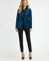 A classic blazer in luxe stretch velvet, tailored with subtle updates that take it from tradition to today.Narrow lapelsSingle snap closeFront welt pocketsFitted bodiceLong sleeves with one-button detail at cuffDouble back ventsFully linedAbout 27 from shoulder to hemCotton/viscose/elastaneDry cleanImportedSIZE & FITModel shown is 5'10½ (179cm) wearing US size 4. This style runs small. 