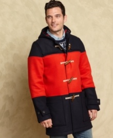 Bold stripes add some color to this classic heritage toggle coat from Tommy Hilfiger.