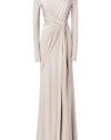 Elegance and modern style merge in this ultra-luxe jersey gown from celeb-favorite designer Elie Saab - Round-neckline, long sleeves, draped bodice, knotted waist detail, floor-length skirt, hidden back zip, side slit - Softly tailored fit - Pair with sky-high platform pumps and a jewel-encrusted clutch