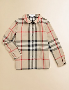 Timeless Peter Pan collar and classic check pattern on a plush cotton button-down design.Peter Pan collarLong sleeves with button tab cuffsButton-frontCottonMachine washImported