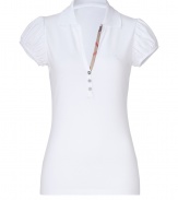 A feminine choice with its deep V-neckline and sweet puffed short sleeves, Burberry Brits polo shirt is a stylish way to dress up your basics - Spread collar, V-neckline, puffed short sleeves, partial button placket with characteristic check trim - Form-fitting - Channel preppy style and wear with jeans and bright loafers