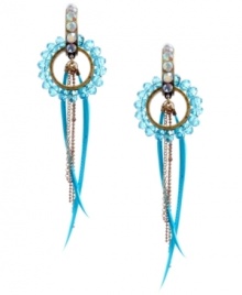 A flair for the exotic. Vibrant blue feathers and chain details put the flirt back into fashion. Betsey Johnson earrings are crafted in gold tone mixed metal with crystal accents and turquoise beading. Approximate length: 4-1/4 inches. Approximate diameter: 1-1/4 inches.