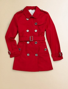 This chic double-breasted silhouette features traditional trench styling and a checked cotton lining.Club collarShoulder epauletsLong sleeves with belted cuffsButton-down gunflapDouble-breasted button frontSelf beltRain flapBack ventCheck liningCottonMachine washImported Please note: Number of buttons may vary depending on size ordered. 