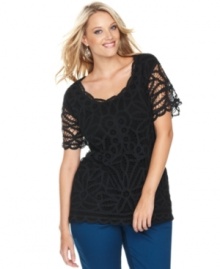 Sheer perfection: INC's short sleeve plus size top, featuring an elegant lace front-- dress it up with trousers or down with denim.