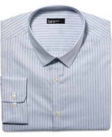 Lose a few inches without doing a thing. Lean stripes and a slim fit let this bar III shirt do the work for you.