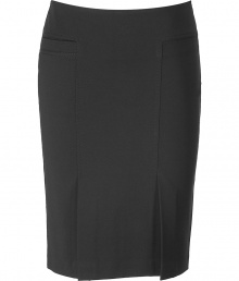 Luxurious skirt in black stretch rayon - genius mix of cool, sexy and classic, small delicate details turn this skirt into something special - broad waistband, accentuating seams - typical pencil skirt, figure hugging and slimming - two small box pleats for a flirty and comfortable effect - classic knee length - basic skirt, versatile to combine - pair with a blouse and pumps, a tunic and sandals or a jeans jacket and gladiator booties