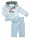 A sweet pup decorates the front of this Carter's striped hoodie with matching pants combo.