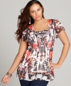 A babydoll shape and chiffon trim lend a feminine feel to One World's short sleeve plus size top, flaunting a sublimated print.